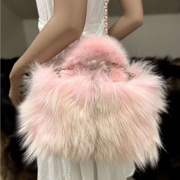 Stunning Pink Gradient Genuine Fox Fur Handmade Top Handle Satchel Bag/Crossbody - Picture 12 of 17